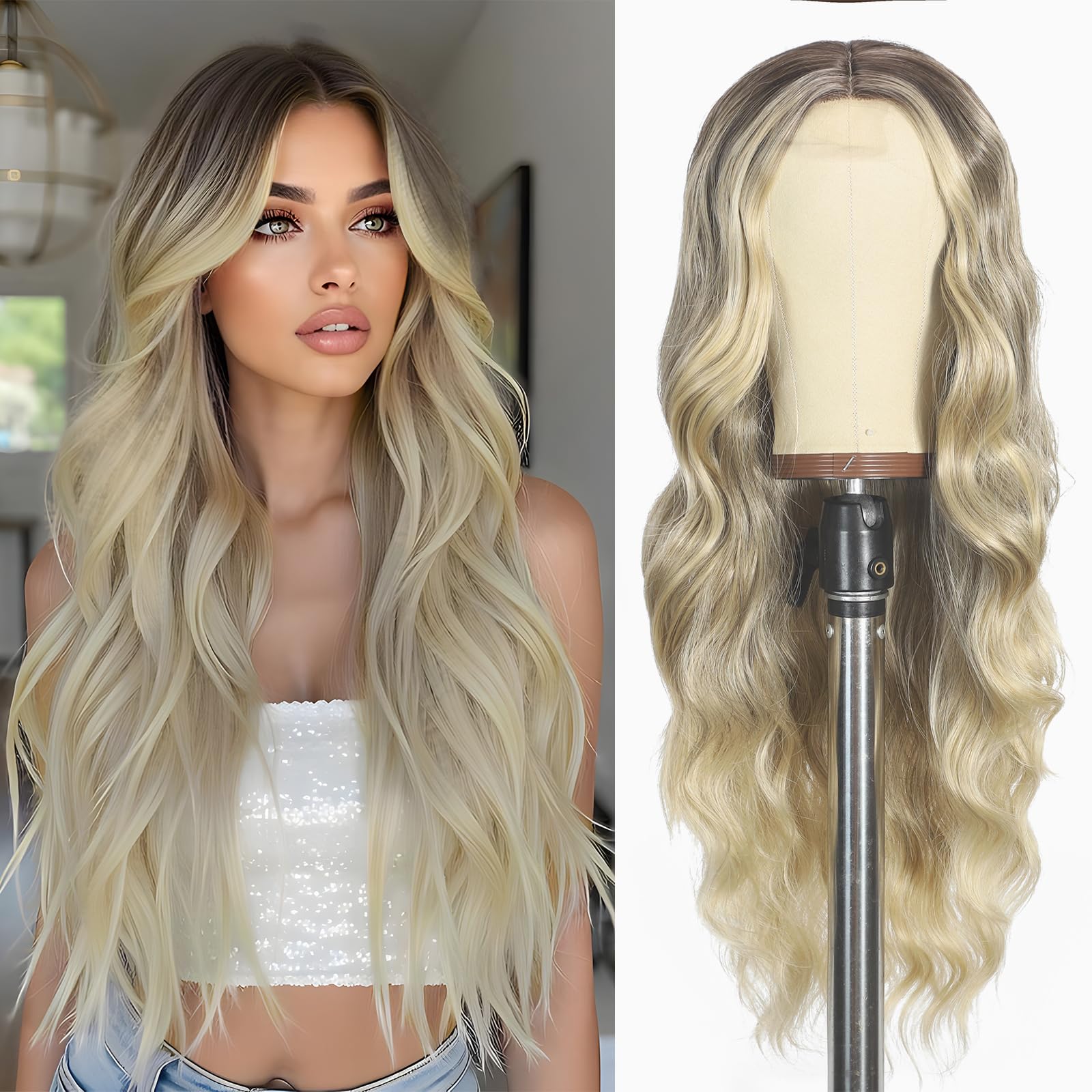 Photo 1 of 26 Inch Long Ombre Blonde Wig for Women | Middle Part Wavy Synthetic Hair | Heat Resistant & Natural Looking | Lightweight for Daily Use, Halloween, Cosplay