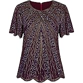 Vijiv Women's 1920s Vintage Beaded Evening Top Art Deco Scalloped Hem Sequin Embellished Blouse Tunic