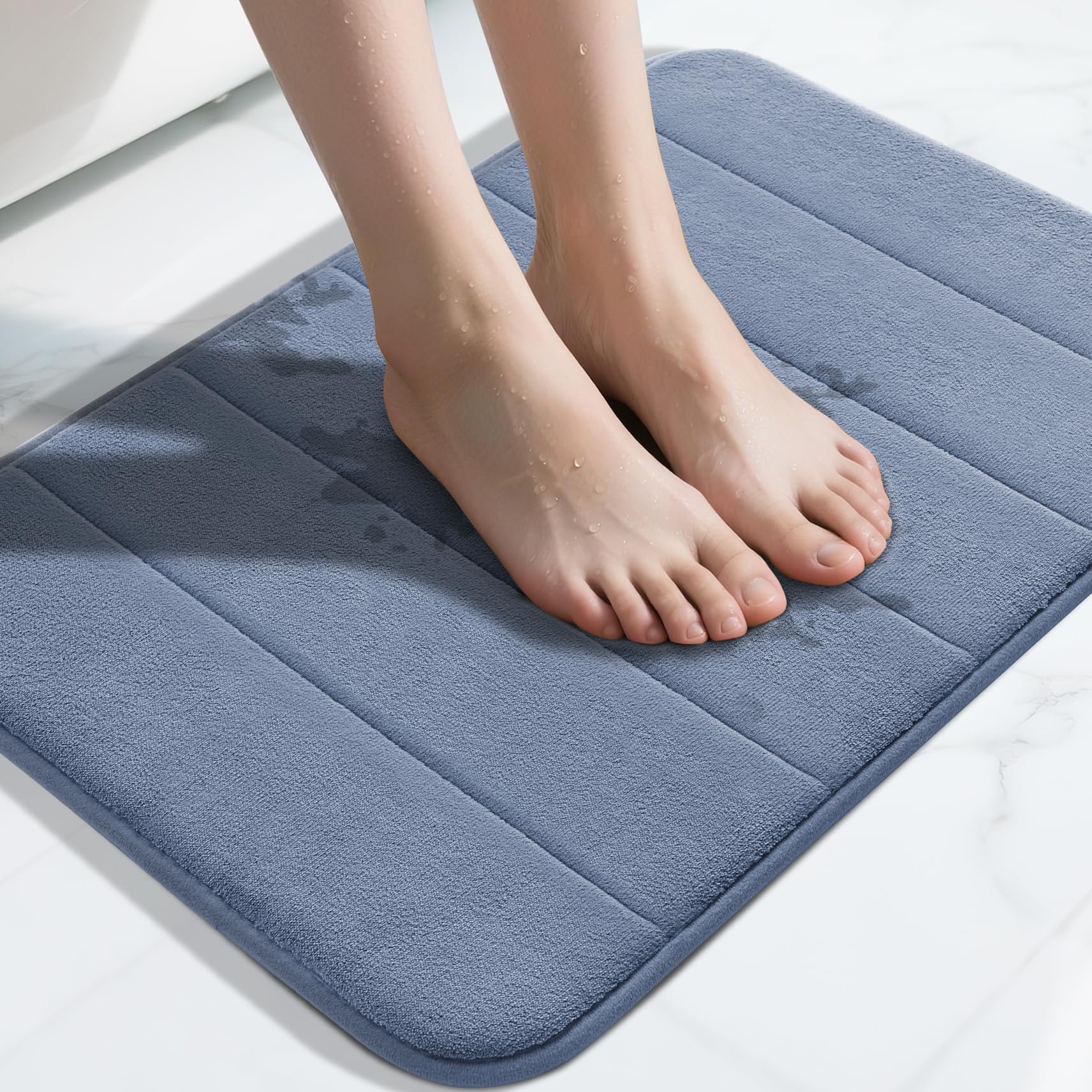 Yimobra Memory Foam Bath Mat Large Size, Soft and Comfortable, Super Water Absorption, Non-Slip, Thick, Machine Wash, Easier to Dry for Bathroom Floor Rug, Denim Blue, 51 x 81 cm