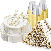 Bestluck 350PCS Gold Plastic Plates for 50 Guests, Disposable Dinnerware Sets Include 100 Gold Rim Plastic Plates, 50 Silverwares, 50 Cups, and 50 Pre Rolled Napkins for Party, Wedding, Graduation