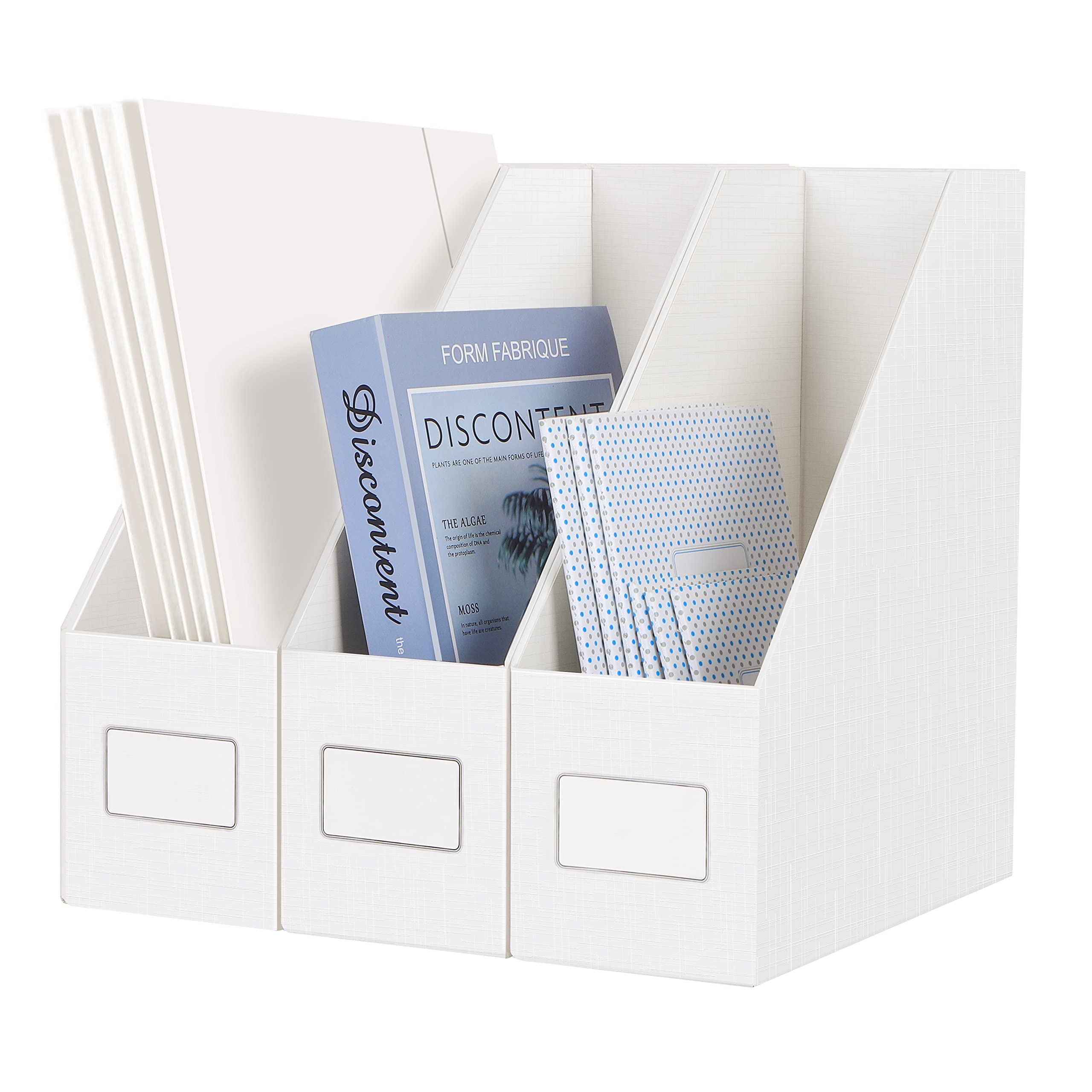 JiaWei Pack of 3 Magazine File Holders, 10.5 cm Wide, Made of 1800 g/m² Extra Sturdy Cardboard, A4 Document & Magazine Rack, for Storing Books Office Supplies - White