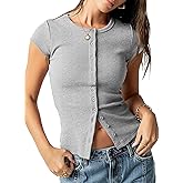 Sidefeel Women's Short Sleeve Tops Ribbed Button Down Crewneck Slim Fitted Casual Summer T Shirts
