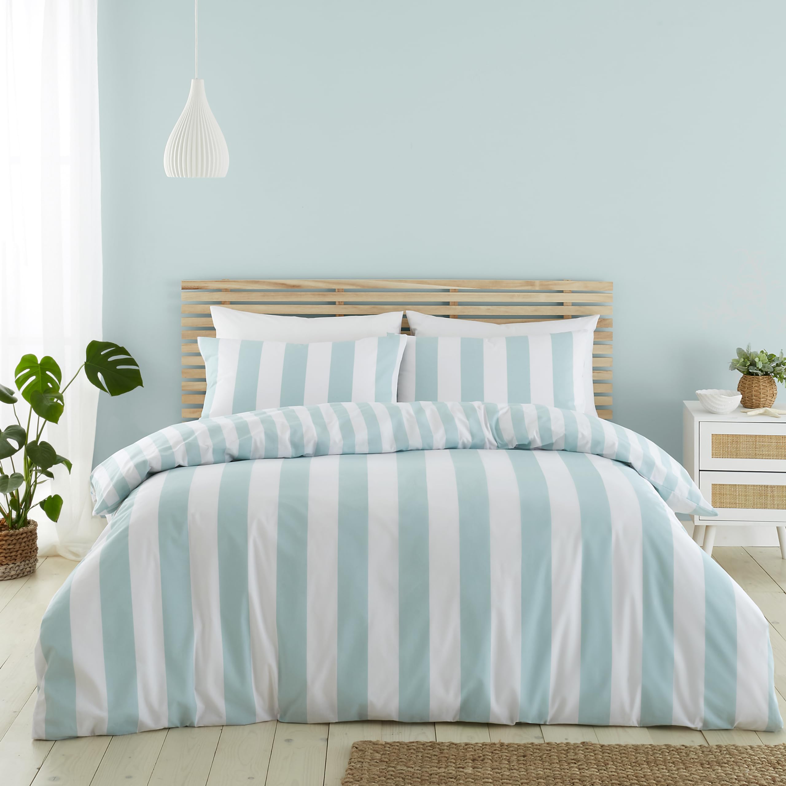 Catherine Lansfield Cove Stripe Reversible Double Duvet Cover Set with Pillowcases Duck egg Blue — image 1
