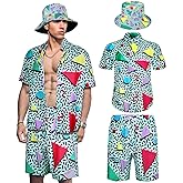 Geosar Men's 2 Pcs 80s 90s Outfit for Men Hippie Shirts and Shorts Set with Hat Neon Disco Halloween Party Costume Clothes