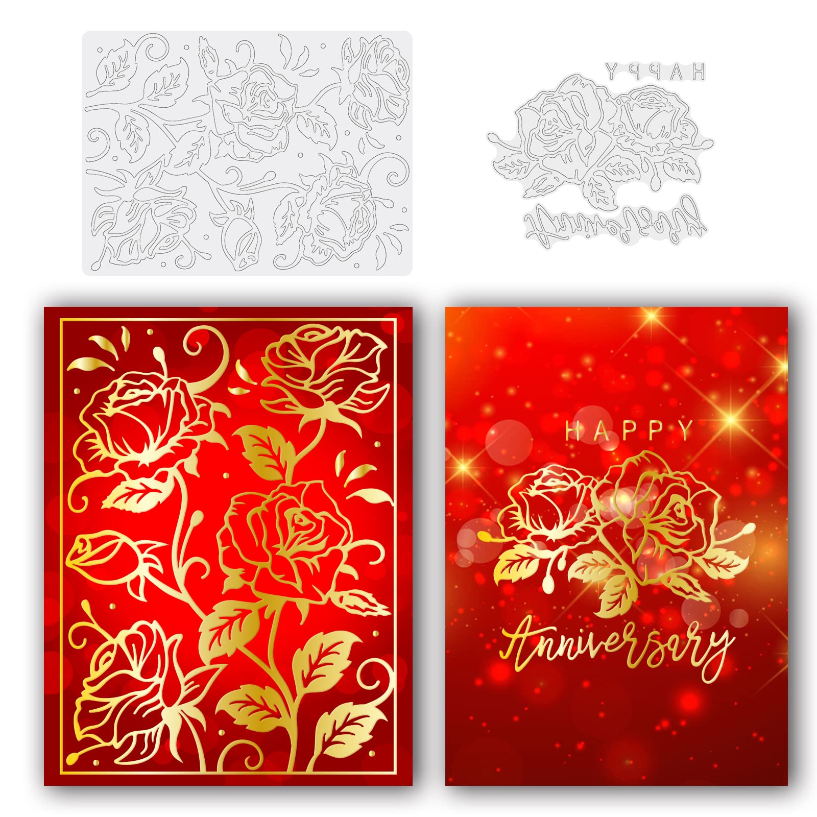 BENECREAT 2Pcs Rose Hot Foil Plate, Happy Anniversary Flower Carbon Steel Metal Dies for Card Making Scrapbooking Photo Album Decor Embossing Paper Crafts