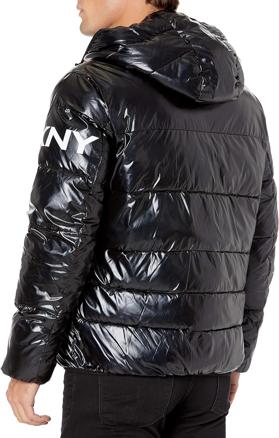 DKNY Men's Water Resistant Ultra Loft Hooded Logo Puffer Jacket (Standard and Big & Tall): Clothing
