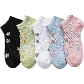 FORJMMP 5/10 Pairs Embroidered Floral Design Socks for Women Girls Combed Cotton Ankle Socks