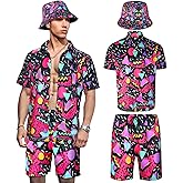 Geosar Men's 2 Pcs 80s 90s Outfit for Men Hippie Shirts and Shorts Set with Hat Neon Disco Halloween Party Costume Clothes