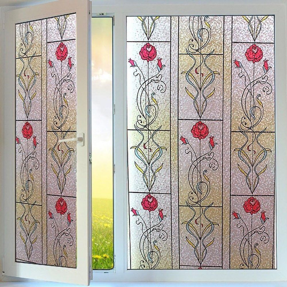 Leyden Red Rose Decorative Privacy Static Cling Glass Window Films Multi Sizes (35.4 x 78.7 inch)