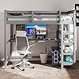 Merax Wood Loft Bed with Desk : Twin Size Loft Bed with 4-Storage Shelves and Under Bed Desk Solid Wood Bed, Grey