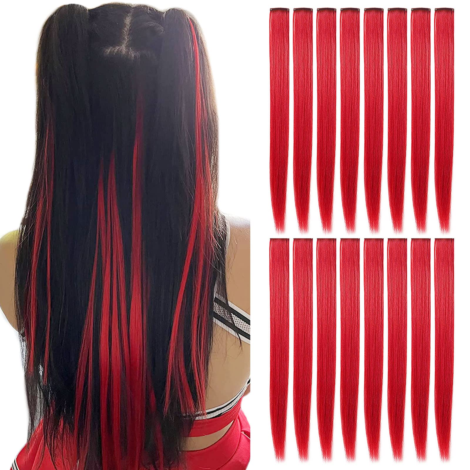 SHKJCHP 16 PSC Red Hair Extensions Clip in Girls Fashion Red Hairpieces 21"/55cm Long Straight Hair Heat Resistant Wig Pieces For Women Cosplay
