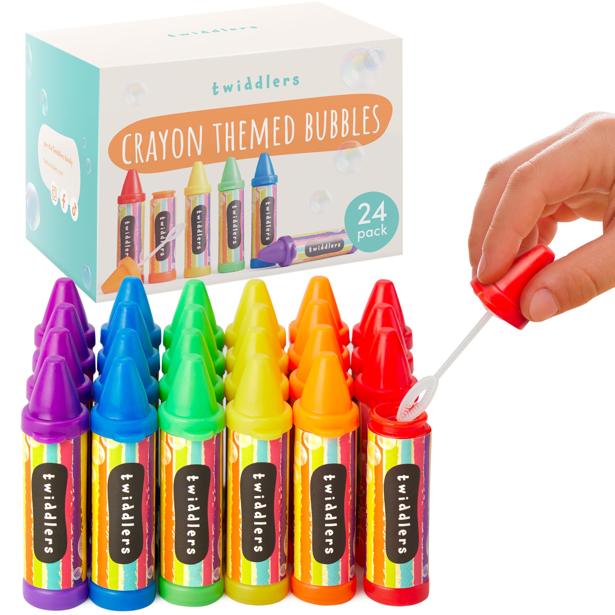 THE TWIDDLERS 24 Mini Bubbles for Kids Party Bags, Crayon Shaped Wands in 6 Colours, 8cm - Perfect as Bubbles Party Bag Fillers for Kids Multipack Wedding Favours - Refillable Tubes