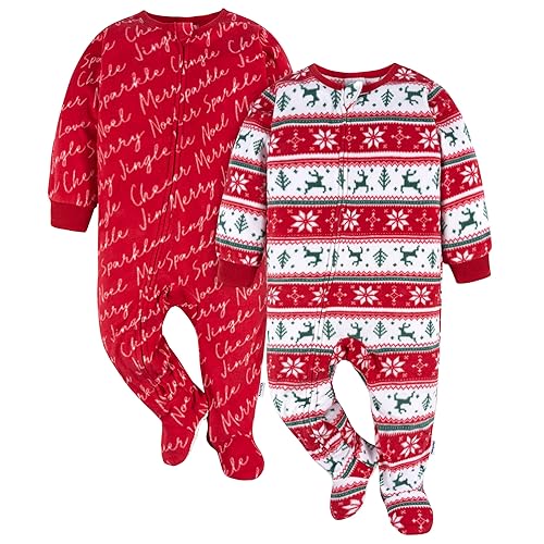 Gerber Unisex Baby Toddler Flame Resistant Fleece Footed Holiday Pajamas 2-Pack, Deer Fairisle, 0-3 Months