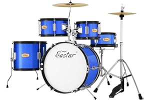 Eastar Drum Set for Kids - 16 inch 5-Piece Drum Kit for Beginners with Adjustable Throne and Cymbal, Pedal & Drumsticks, Metallic Blue (EDS-350MBE)