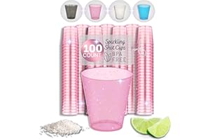 Stumbelina 100 COUNT - PINK SPARKLE SHOT GLASSES | Disposable Plastic Drink Party Cups | Neon Shiny Color Party Jello Shooters