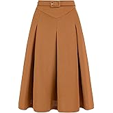 Allegra K Women's Office Work Skirts Belted Waist Midi A-Line Pleated Skirt