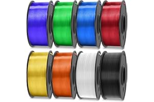 TECBEARS PLA 3D Printer Filament 1.75mm, 0.25kg Each Spool, Total 2kg, 8 Packs, 2 Spool of Black/White and 6 Spool of Transparent PLA Red/Purple/Orange/Blue/Yellow/Green