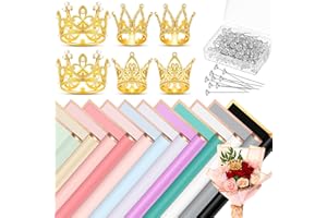 Hinly Flower Wrapping Paper Bouquet Kit with 12 Bouquet Wrap Paper 6 Gold Crowns 200 Bouquet Pins Florist Supplies for Women Wedding Graduation Birthday Bouquet DIY(Multicolor)