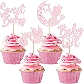 24Pcs Sweet Baby Girl Cupcake Toppers Moon Star Light Pink Glitter Baby Shower Cupcake Picks Decorations for Gender Reveal Baby Shower Kids Girls Birthday Party Supplies