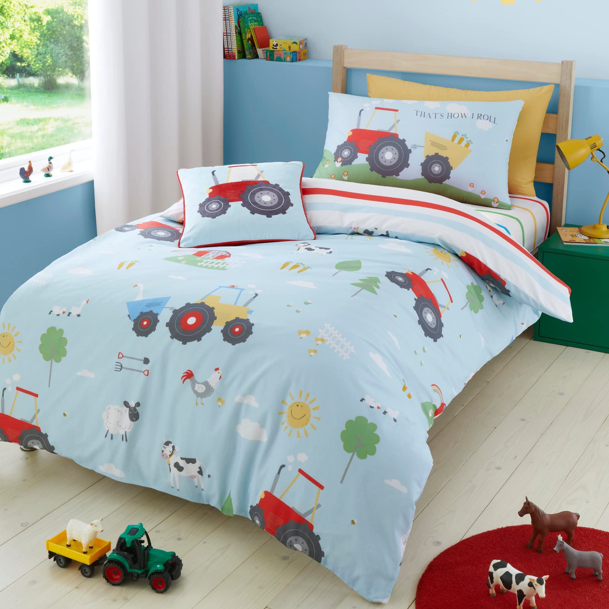 Bedlam - Farm Duvet Cover Sets - Single Bedding Size (200 x 140cm) - Farm Animals & Construction Tractor Bedding - Reversible Design - Farmyard Friends Collection, Blue โ image 1