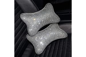 CARWALES 2 Pack Car Neck Pillow for Driving Seat Auto Headrest Cushion Head Rest Neck Support Relax Crystal Rhinestone Diamond Interior Bling Accessories for Women Girly Comfortable White