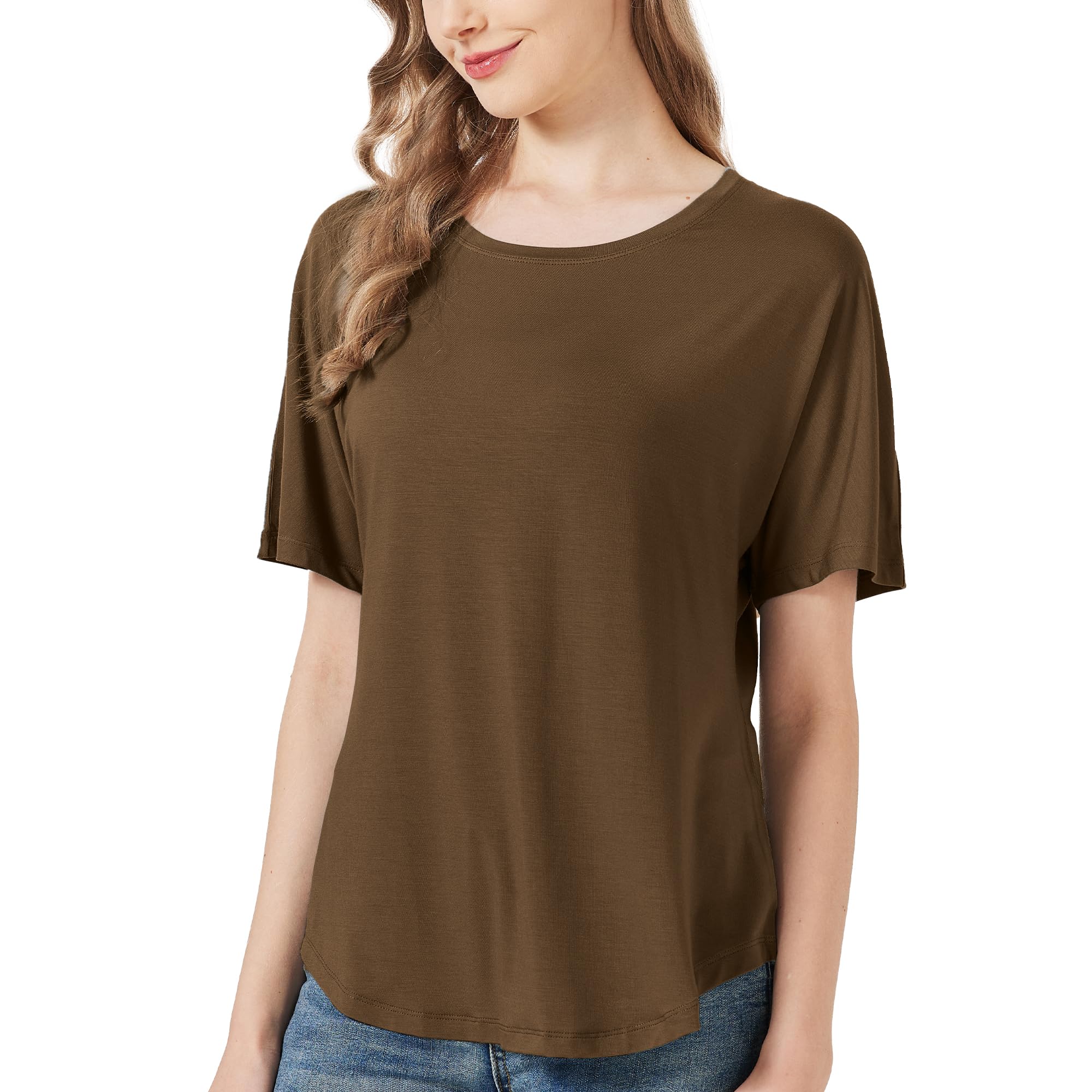 Photo 1 of netdraw Women's Ultra Soft Bamboo Viscose Dolman Top Loose Fit Trendy Casual Lounge Short Sleeve Pajama Batwing T-Shirt, Mocha, Medium