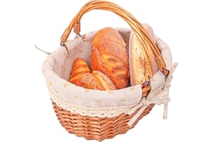 Geytetqi Wicker Picnic Basket with Double Folding Handles - 13.91 x 11.42 x 6.7 Inch Hand Woven Easter Basket, Natural Willow Picnic Basket with Handle, Woven Picnic Hamper for Outdoor Camping