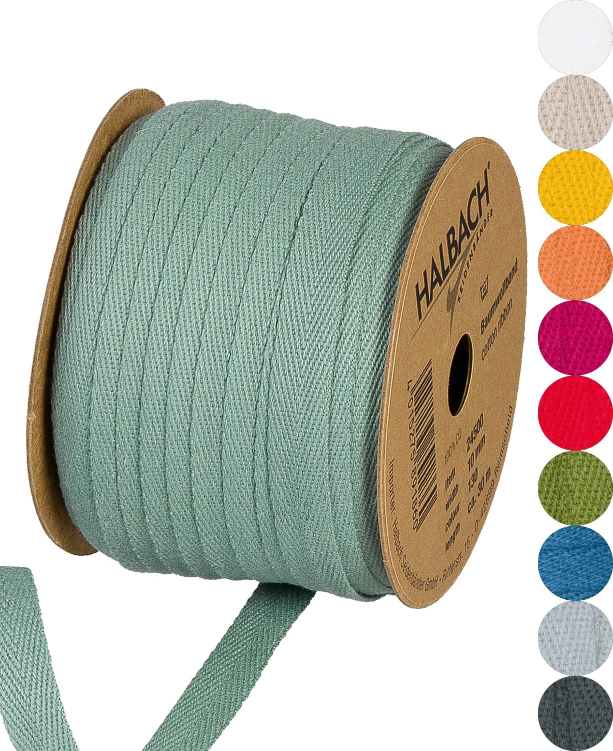 Halbach Seidenbänder Cotton Tape 10 mm x 30 m, Tapes for Crafts Sold by the Metre, Fabric Tape for Decorations, Woven Tape 100% Cotton DIY Crafts, Bias Binding Sewing, Colour: Sage Green, 24500