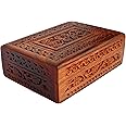 ITOS365 Handmade Wooden Keepsake Storage Case Jewelry Box Jewel Organizer - Floral Hand Carvings with Brass Inlay - Gifts for Women, 7 x 5 Inches