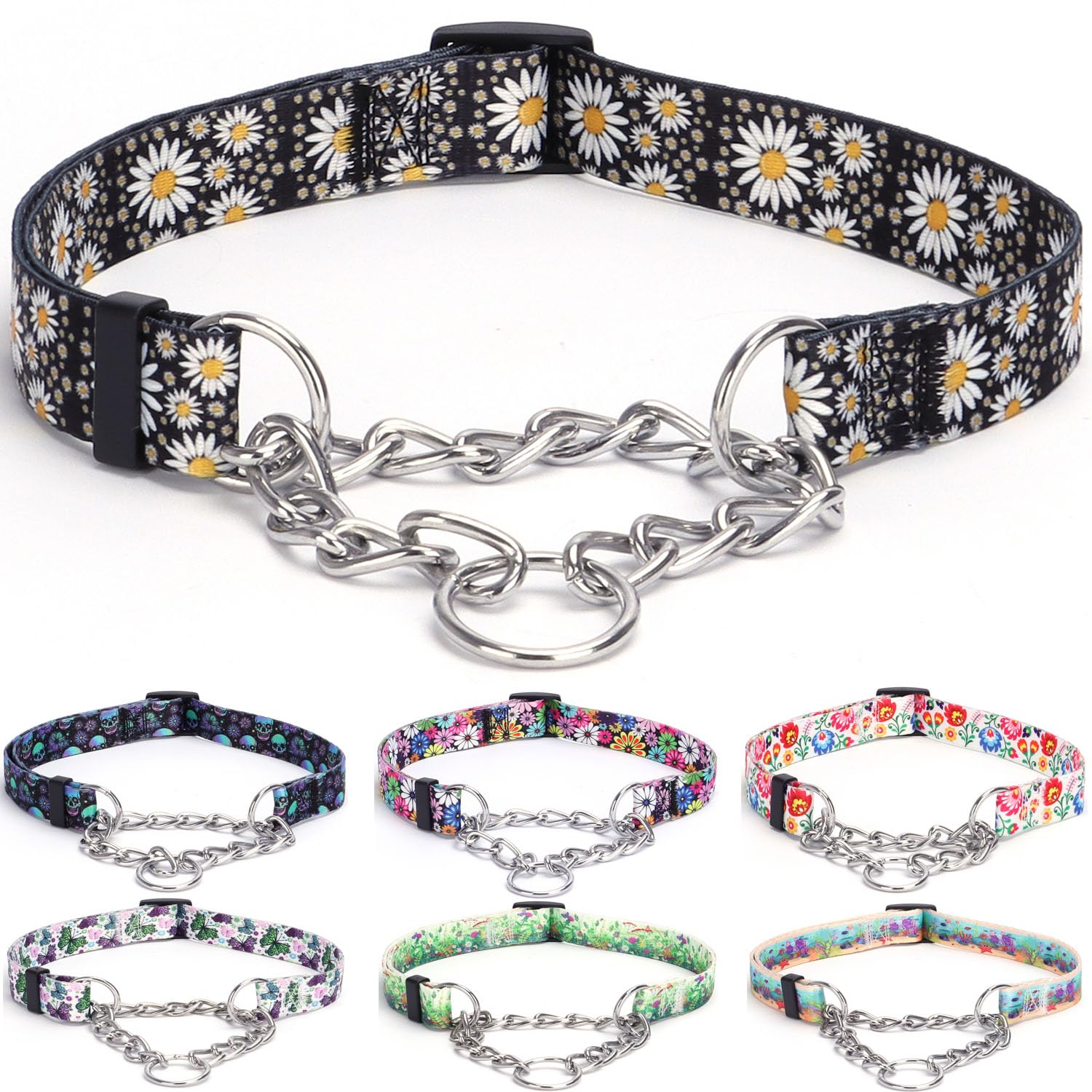 haoyueer Martingale Dog Collar - Stainless Steel Chain, No Pull Training Collar with Flower Design for Large Medium Small Dogs (L, Daisy)