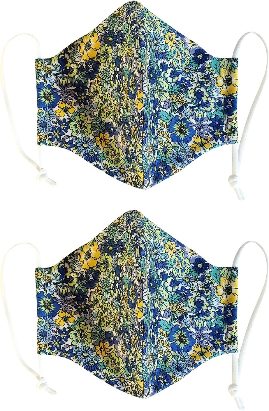 100% Cotton Korean Reusable Washable Adjustable Metal Strip Face Mouth Mask 2 Pack Double Layer Anti-Dust Fashion Outdoor Cloth Cover (Blue Flower L)