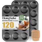 HONGBAKE Muffin Pans for Baking, Nonstick Cupcake Tin with 120 Parchment Liners, 2 Pack 12 Cup Premium Cheesecake Trays - Gra
