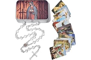 SZQCZB Rosary Crystal Bead Catholic Necklace Holy Soil Medal Cross Crucifix Rosary with Metal Box and 18Pcs Holy Card