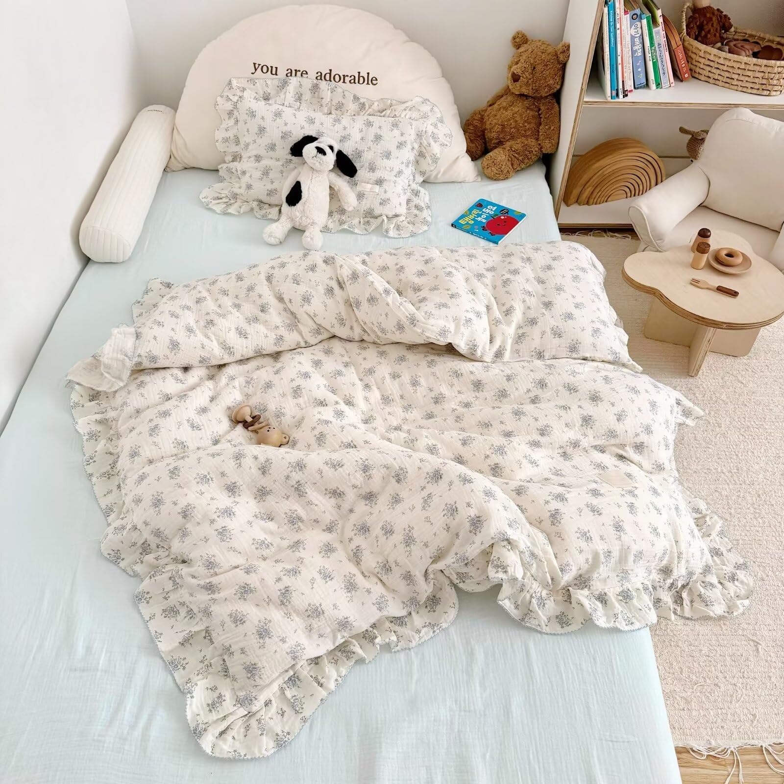 Photo 1 of BuLuTu Muslin Cotton Kids Duvet Cover with Ruffles for Toddler Bed/Crib Comforter/Quilt Cover Shabby Chic Blue Freesia Print Toddler Duvet Cover Girls Boys, 47"x59", No Pillow Cases