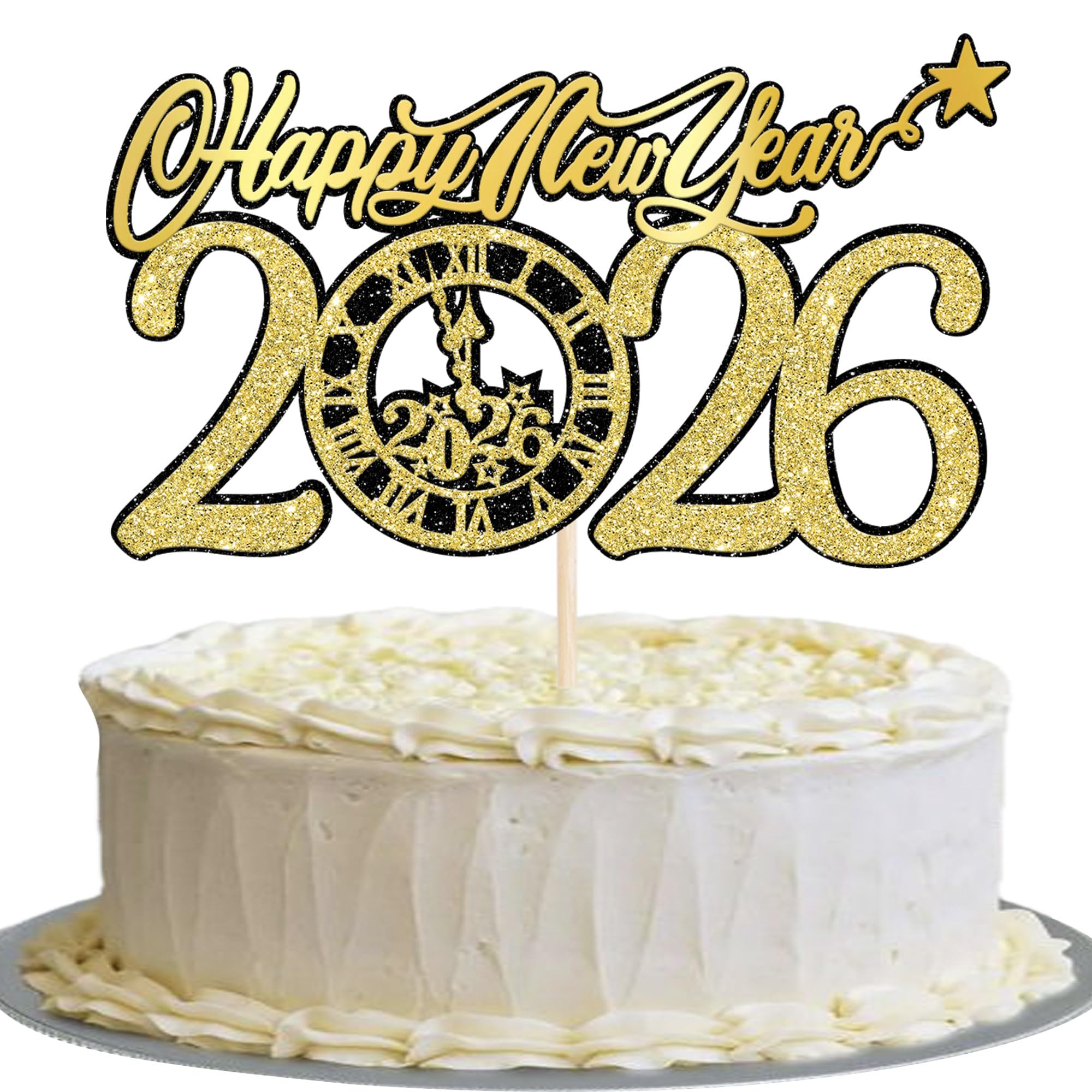 Photo 1 of 1 Pack Happy New Year 2026 Cake Topper Glitter Clock Cheers to 2026 New Year Cake Pick Hello 2026 Cake Decorations for Welcome 2026 Happy New Year's Eve Party Supplies Gold