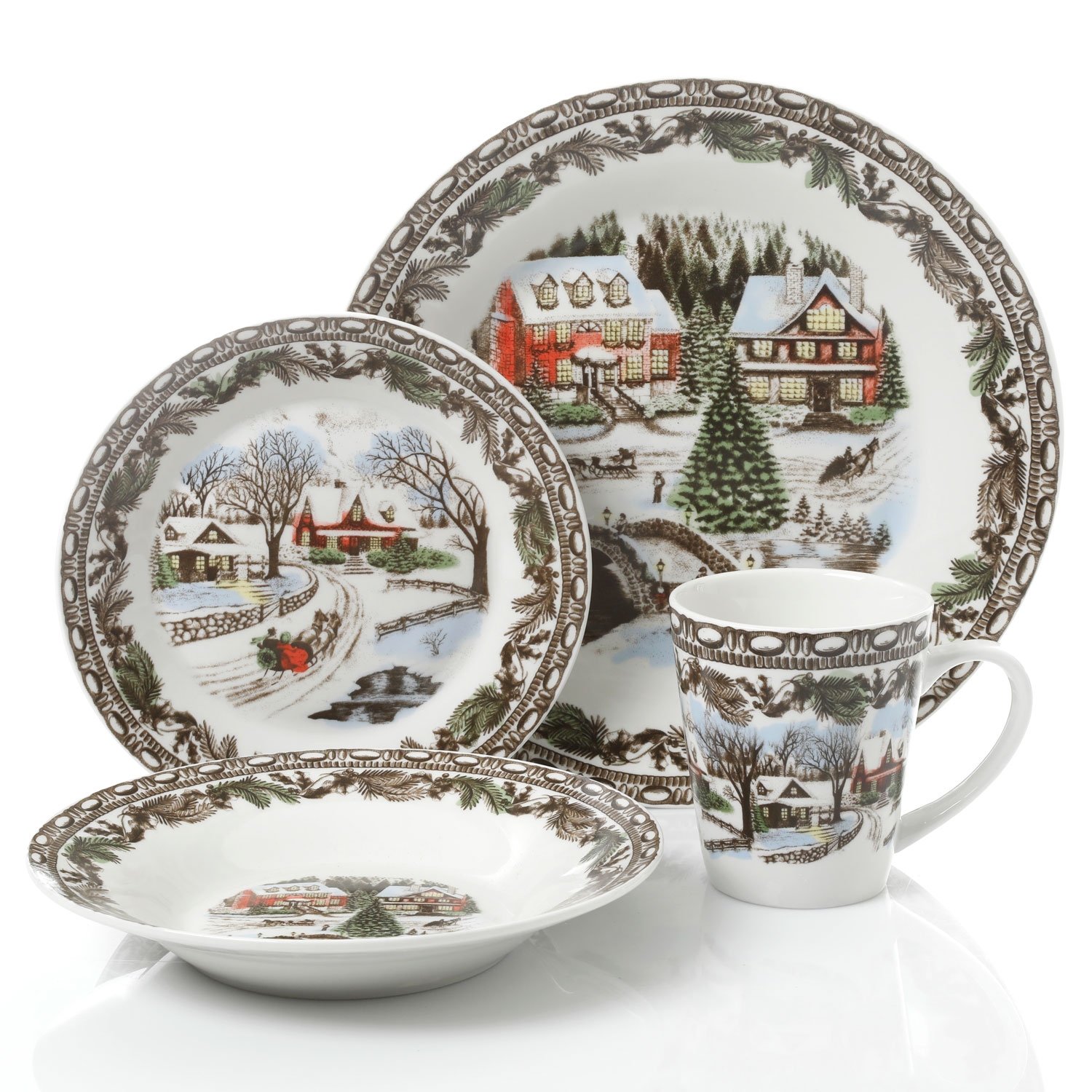 Gibson Home Christmas Toile 16 Piece Dinnerware Set, Multicolor