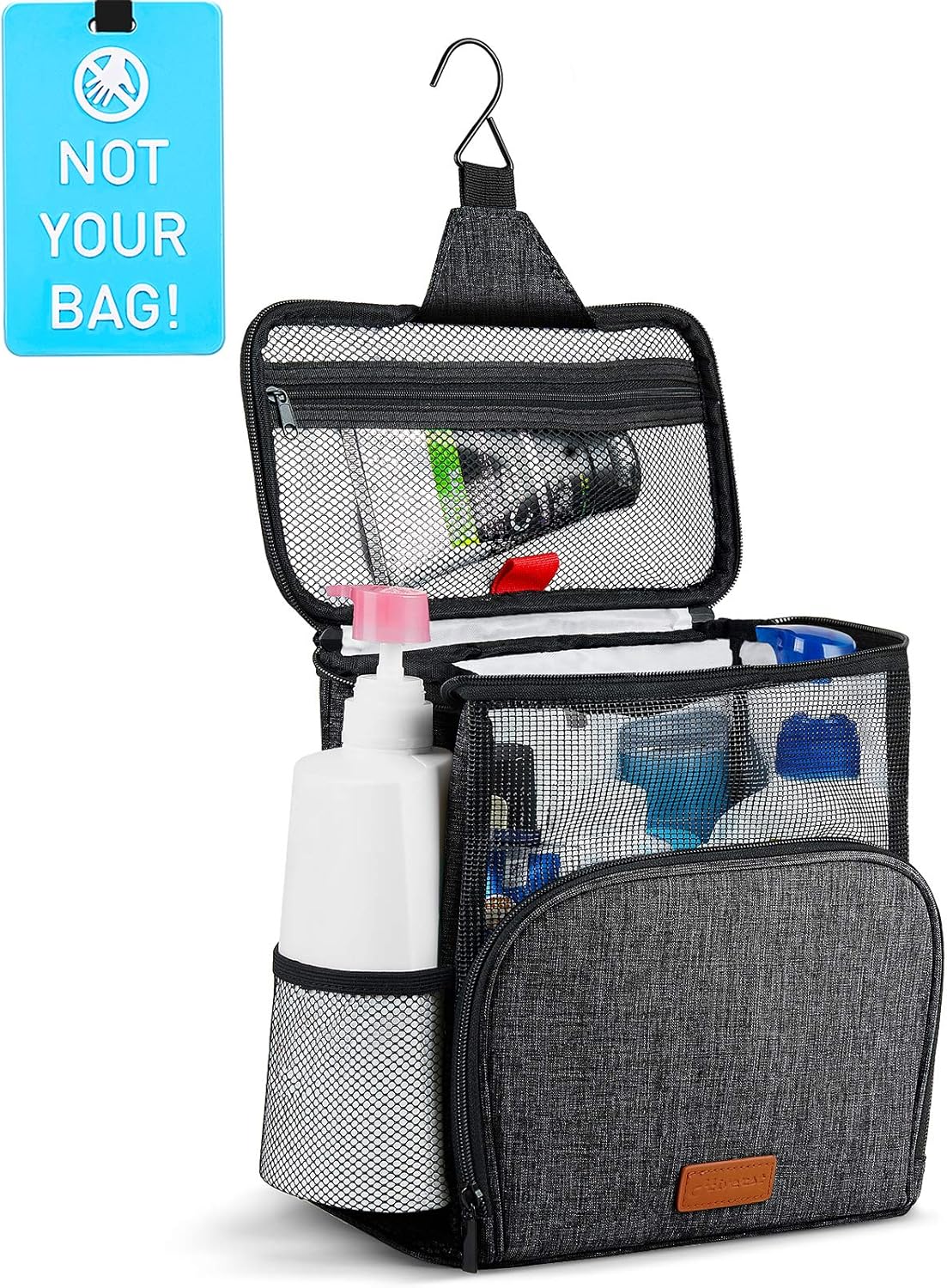 Hiverst Hanging Toiletry Bag, Shower Caddy Tote Bag (Updated Version, Full Size Bottle Compatible), Bath Organizer for College Dorms, Gym, Camp, Women Men, with Funny Luggage Tag: Home & Kitchen