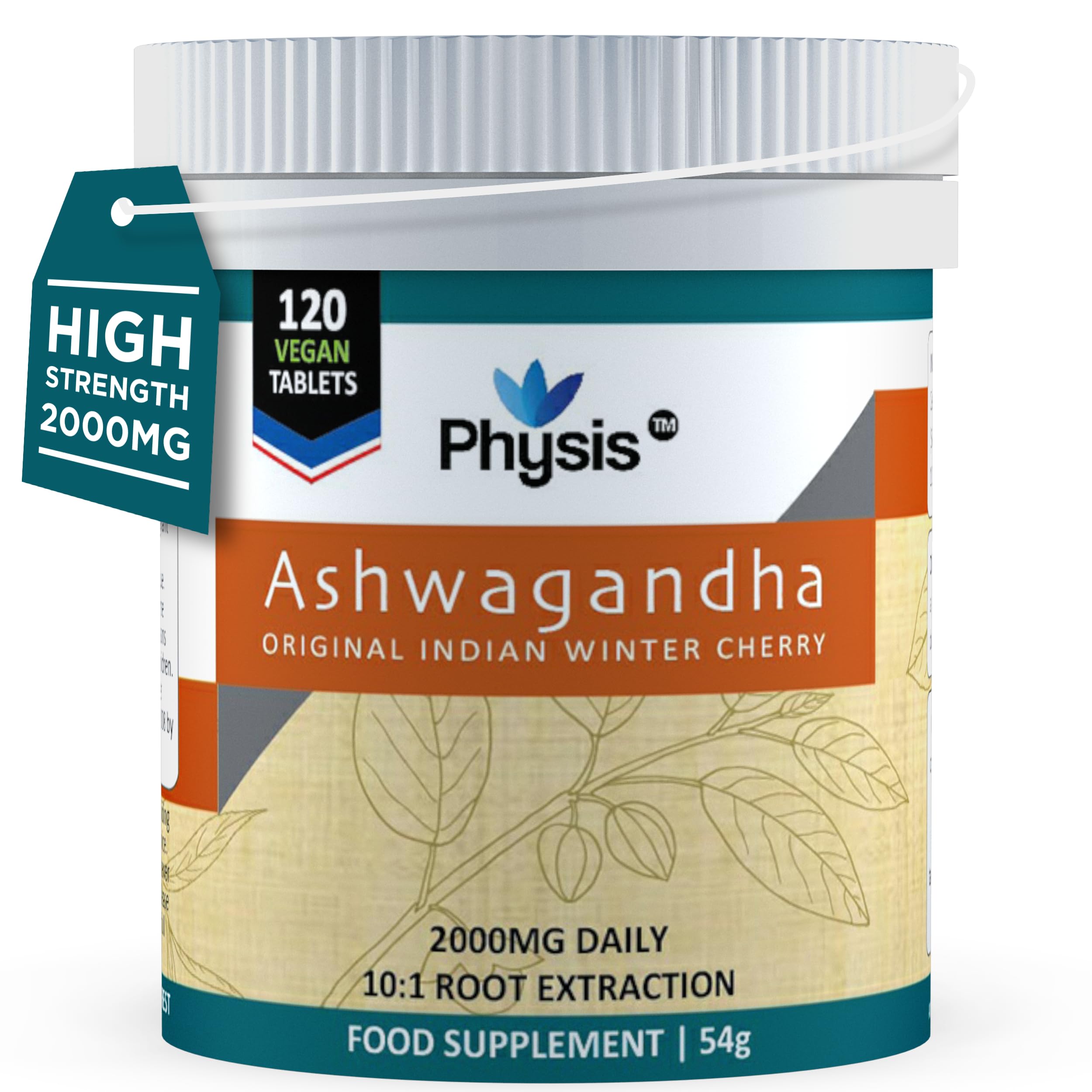 Physis Ashwagandha Tablets | 120 Vegan Tablets | 2000mg High Strength Ashwagandha Ksm 66 for Stress-Relief Support & Cognitive Functioning