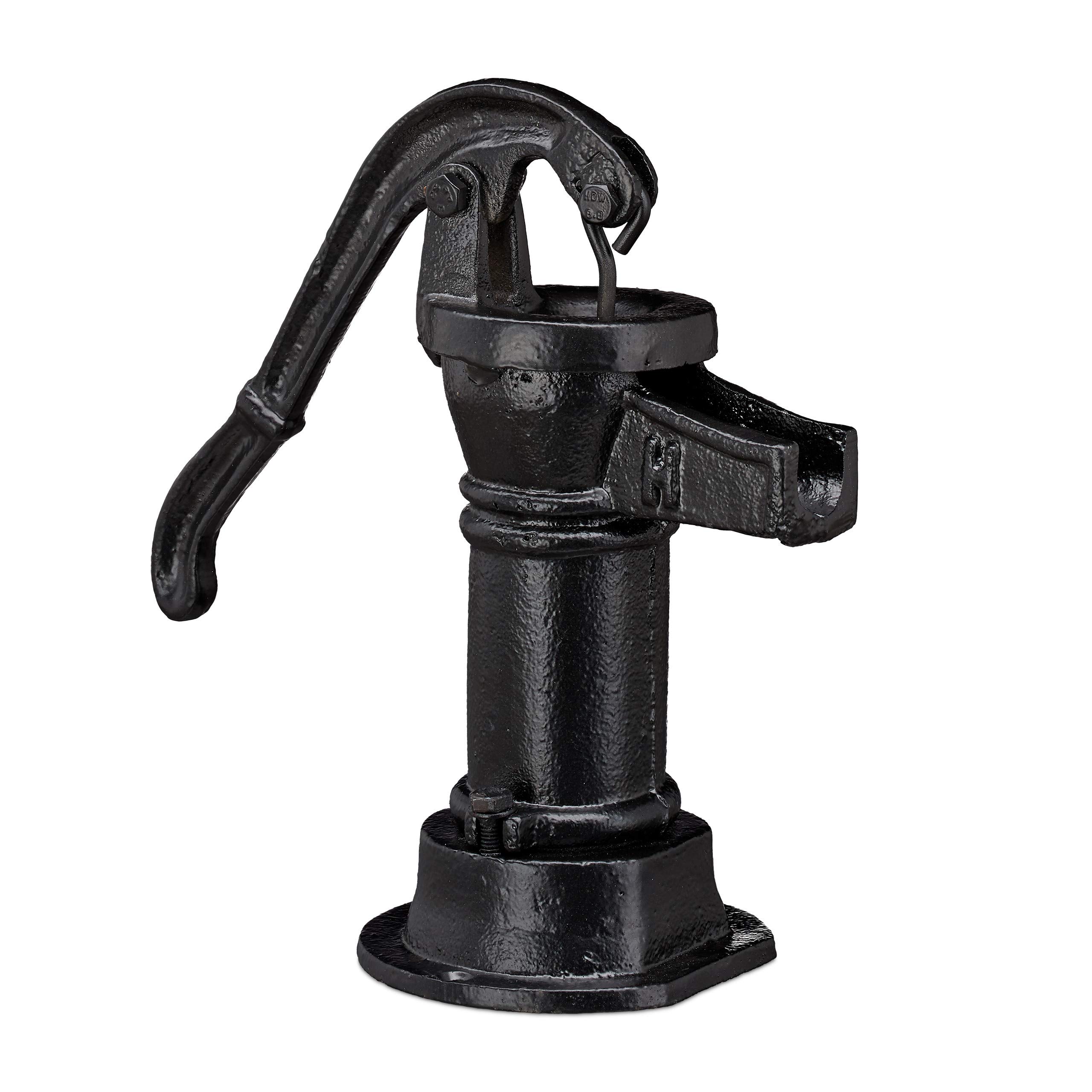 Relaxdays Decorative Pump, Mini Water Pump, Antique Design, Hand Pump, Weatherproof, Garden Ornament, Cast Iron, Black