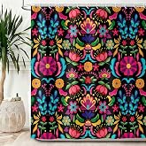Colorful Floral Shower Curtain, Boho Mexican Flower Shower Curtains Set, Vintage Unique Aesthetic Art Abstract Geometric Patterned Polyester Fabric Shower Curtains for Bathroom with Hooks 72X72IN