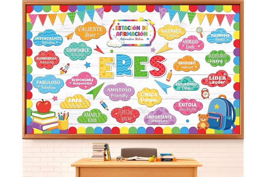 Spanish Bulletin Board Set Bilingual Motivational Classroom Decoration Colorful Spanish Growth Mindset Positive Affirmation Station Español Words Phrases Paper Cutouts for Chalkboard Wall Decor