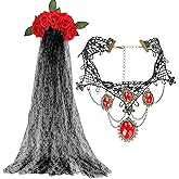 2 Pieces Day of The Dead Veil Headband Headpiece Mexican Headband Rose Floral Crown Veil and Lace Choker Lace Rhinestone Necklace Halloween Costume