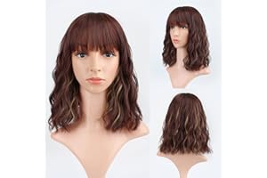FAELBATY Short Brown Wig Highlight Gold Wigs With Bangs Women's Reddish Brown Mixed Blonde Bob Wig Curly Wavy Synthetic Cosplay Wig Shoulder Length Wig for Girl's Costume Wigs (12" 33/27)