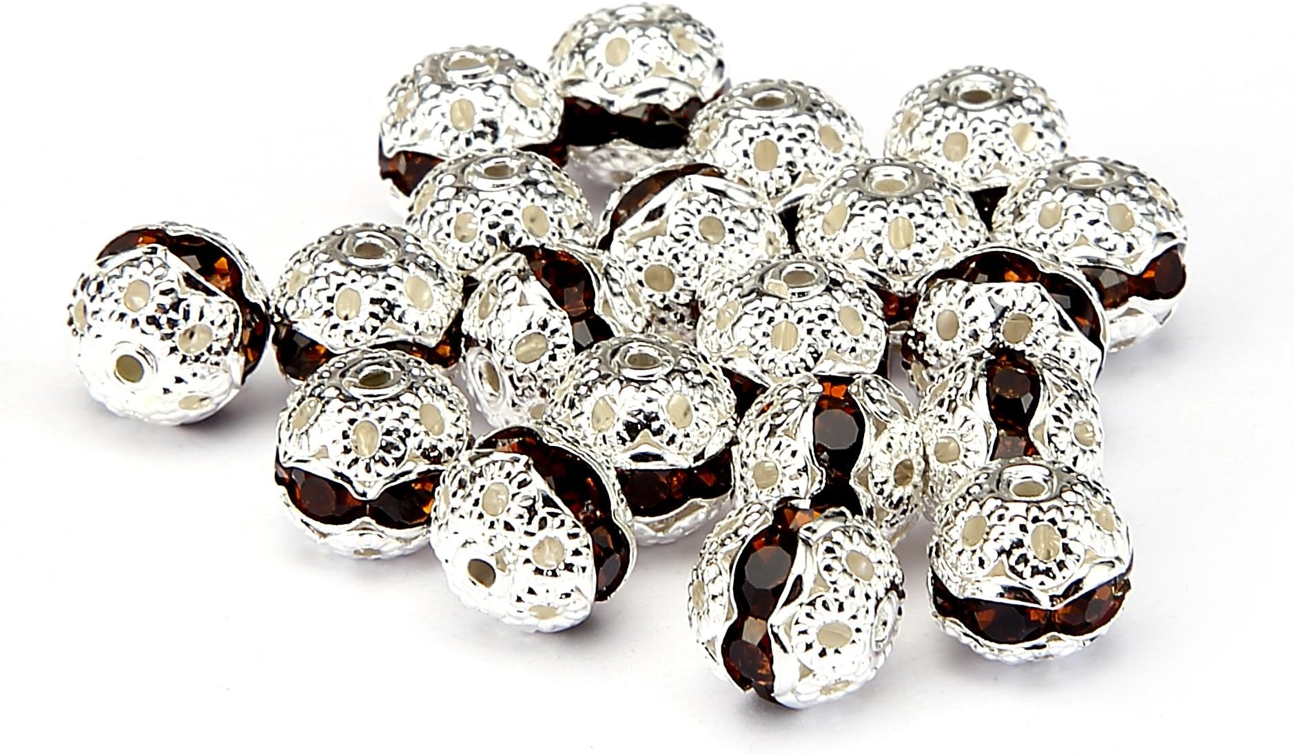 BRCbeads Top Quality 8mm Smoked Topaz Color Metal Style #1 Crystal Rhinestone Ball Shape Spacer Beads Silver Plated 20pcs Per Bag for Jewelry Making