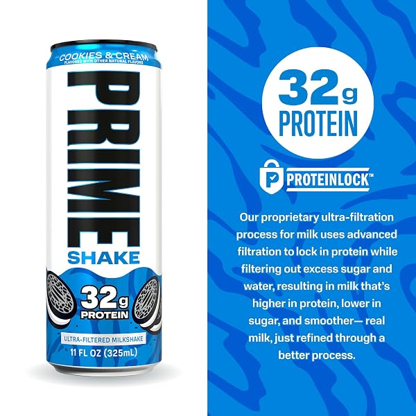 PRIME SHAKES, COOKIES & CREAM, 32G PROTEIN SHAKE FOR MUSCLE SUPPORT & RECOVERY, ULTRA-FILTERED MILK, LACTOSE FREE, LOW SUGAR, LOW CALORIE, READY TO DRINK, 11 FL OZ, 12 PACK