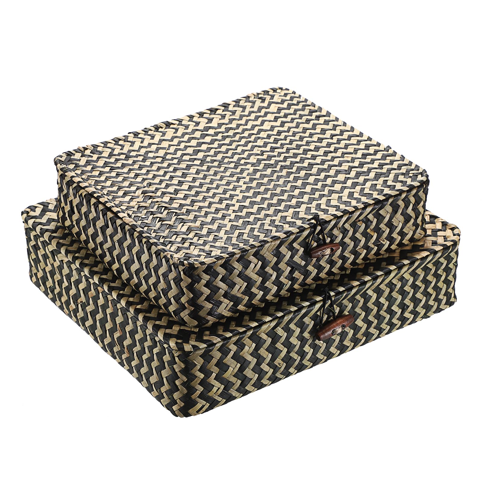 IGNPION Seagrass Storage Baskets with Lid, Set of 2 Flat Wicker Storage Box, Bathroom Shelf Storage Box Tabletop Decorative Organizer Basket Multipurpose Storage Hamper for Living Room, Kitchen