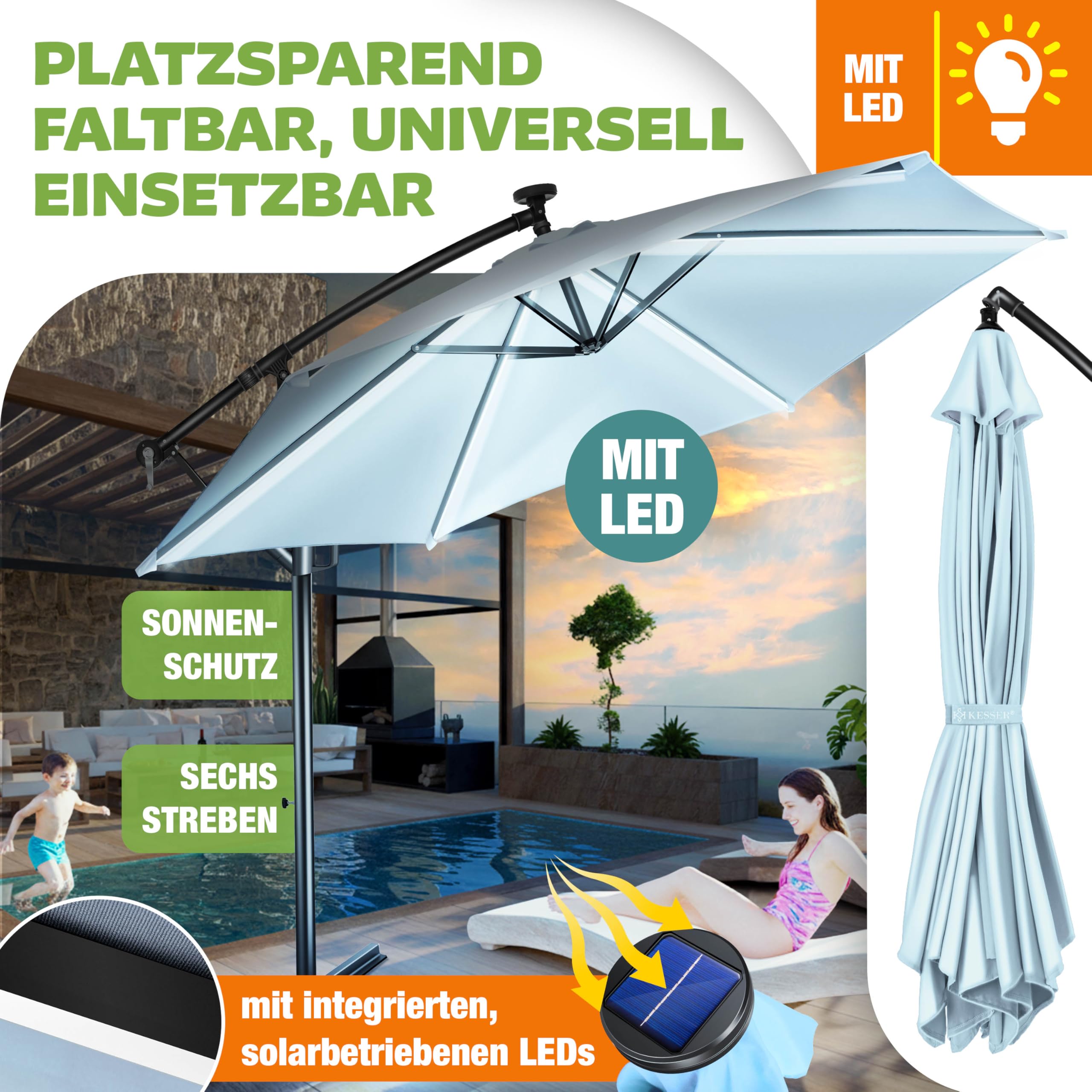 KESSER® Sonnenschirm Solar Ø 300 cm/Ø 350 cm mit LED Beleuchtung, Ampelschirm mit Kurbel, Garten, Sonnenschutz, Gestell & Ständer aus Alu, UV-Schutz, wasserdicht + Windfest, 360° Funktion + Hülle 4