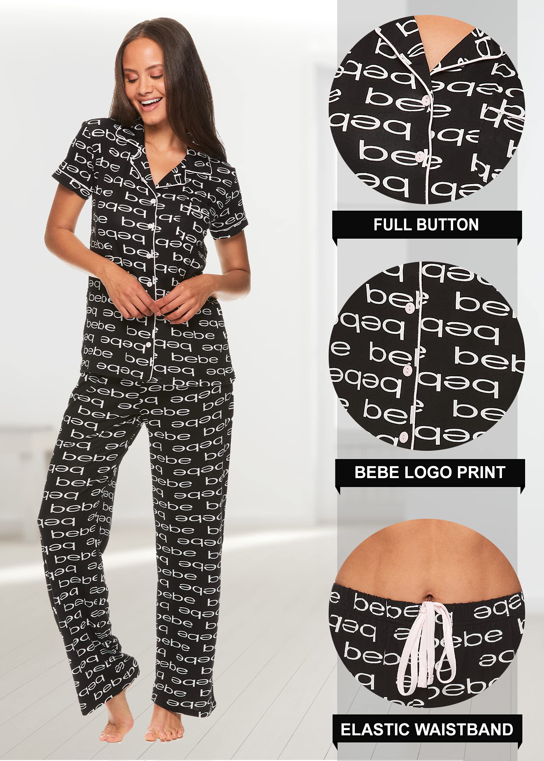 bebe Womens 2 Piece Short Sleeve Button Down Shirt and Long Pants Bridesmaid Pajamas Set Black Large