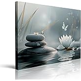 Zen Lotus Flower with Stones and Butterflies Canvas Wall Art Framed Serene Painting Prints Posters Artwork for Meditation Room Wall Decor Calming Spiritual Bathroom Art 12x16 Inches