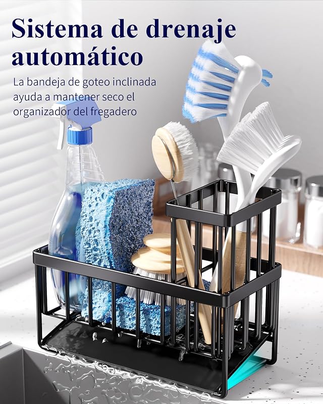 Organizador de Cozinha - Suporte para esfregar pias em aço inoxidável com ralo automático, organizador de pia com suporte para escovas para cozinha e casa de banho, 20 x 9,4 x 15,8 cm, preto